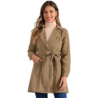 Women's Notched Lapel Long Sleeves Button Belted Long Denim Jacket