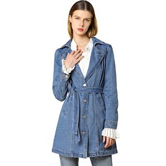 Women's Notched Lapel Long Sleeves Button Belted Long Denim Jacket