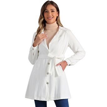 Women's Notched Lapel Long Sleeves Button Belted Long Denim Jacket