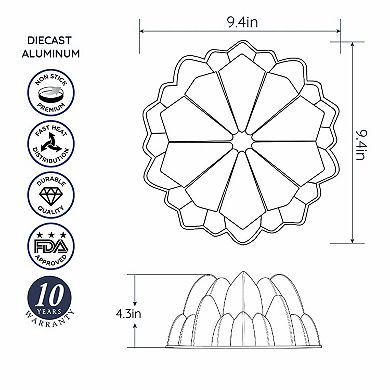 Baker's Secret Fluted Cake Pan, Cast Aluminum 2 Layers Nonstick Coating (Cascade)