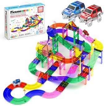 PicassoTiles 100 pc Race Track, Magnetic Tiles, Magnetic Building Toys for Kids 3+