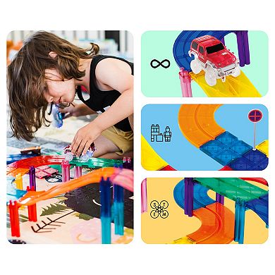 PicassoTiles 100 PC Race Track, Magnetic Tiles, Magnetic Building Toys for Kids 3+