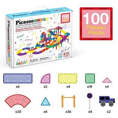 PicassoTiles 100 PC Race Track, Magnetic Tiles, Magnetic Building Toys for Kids 3+