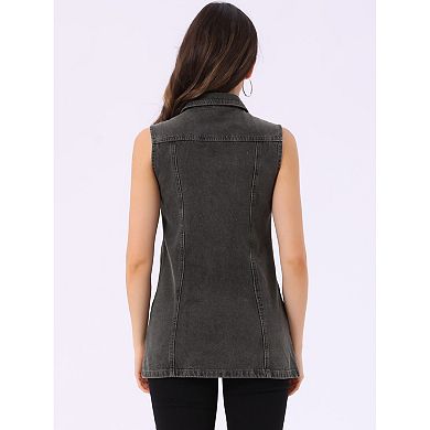 Women's Casual Button Down Sleeveless Pockets Mid-Long Denim Vest