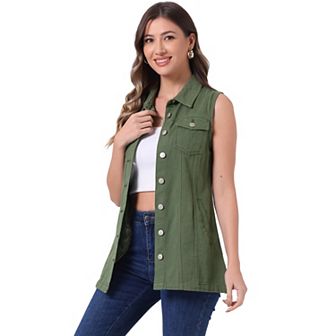 Women's Casual Button Down Sleeveless Pockets Mid-Long Denim Vest