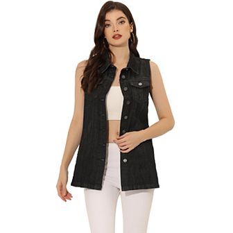 Women's Casual Button Down Sleeveless Pockets Mid-Long Denim Vest