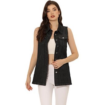 Women's Casual Button Down Sleeveless Pockets Mid-Long Denim Vest