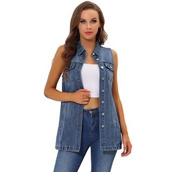 Women's Casual Button Down Sleeveless Pockets Mid-Long Denim Vest