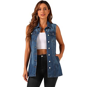 Women's Casual Button Down Sleeveless Pockets Mid-Long Denim Vest