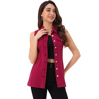 Women's Casual Button Down Sleeveless Pockets Mid-Long Denim Vest