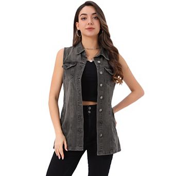 Women's Casual Button Down Sleeveless Pockets Mid-Long Denim Vest