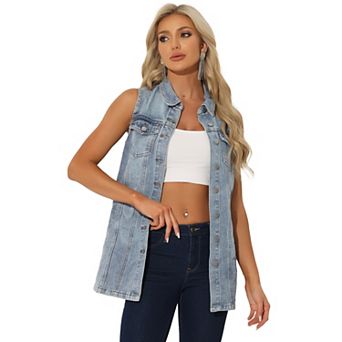 Women's Casual Button Down Sleeveless Pockets Mid-Long Denim Vest