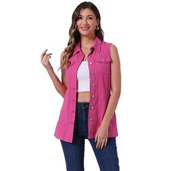 Women's Casual Button Down Sleeveless Pockets Mid-Long Denim Vest