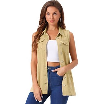 Women's Casual Button Down Sleeveless Pockets Mid-Long Denim Vest