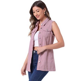 Women's Casual Button Down Sleeveless Pockets Mid-Long Denim Vest