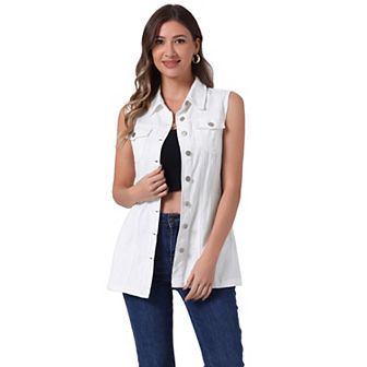 Women's Casual Button Down Sleeveless Pockets Mid-Long Denim Vest