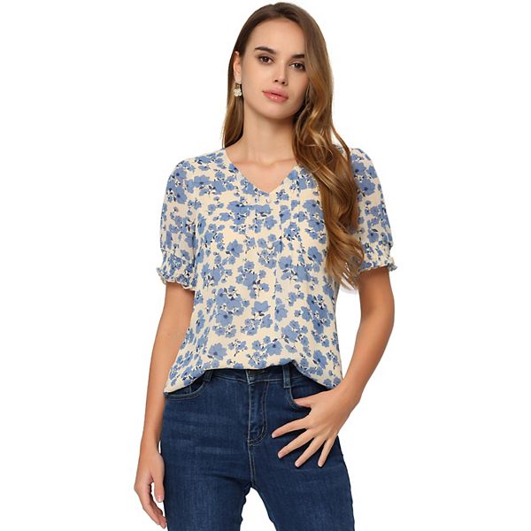 Women's Floral Casual Blouse Short Puff Sleeve Pleated Button Front V ...