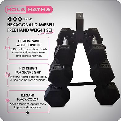 Holahatha Hexagonal Dumbbell Free Hand Weight Set W/rack, 5, 10, & 15 Lbs, Black
