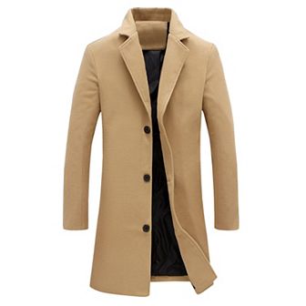 Men's Slim Fit Notched Lapel Single Breasted Mid Length Overcoat