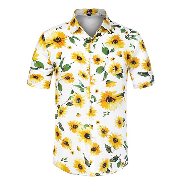 Men's Summer Shirts Sunflower Printed Short Sleeve Button