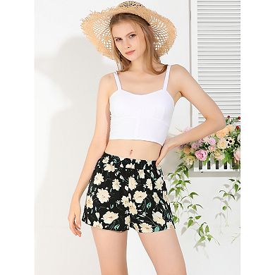 Women's Floral Elastic Waistband Board Pockets Beach Casual Shorts