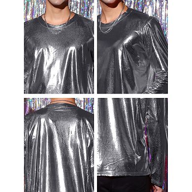 Men's Metallic T-Shirt Round Neck Long Sleeves Shining Disco Tee Top