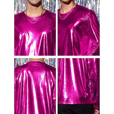 Men's Metallic T-shirt Round Neck Long Sleeves Shining Disco Tee Top