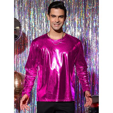 Men's Metallic T-shirt Round Neck Long Sleeves Shining Disco Tee Top