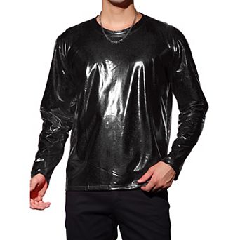Men's Metallic T-shirt Round Neck Long Sleeves Shining Disco Tee Top