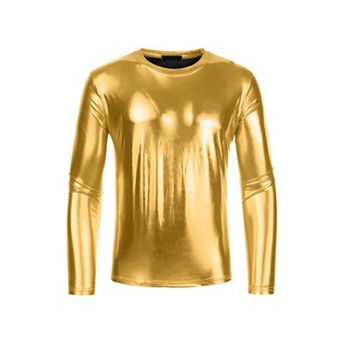Men's Metallic T-Shirt Round Neck Long Sleeves Shining Disco Tee Top