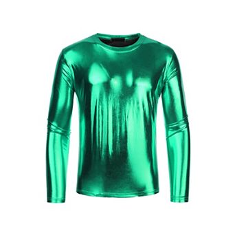 Men's Metallic T-shirt Round Neck Long Sleeves Shining Disco Tee Top