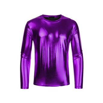 Men's Metallic T-Shirt Round Neck Long Sleeves Shining Disco Tee Top