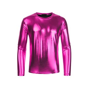 Men's Metallic T-Shirt Round Neck Long Sleeves Shining Disco Tee Top
