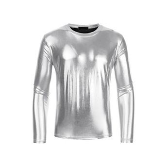 Men's Metallic T-Shirt Round Neck Long Sleeves Shining Disco Tee Top