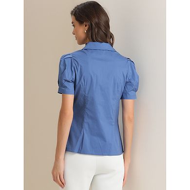 Women's Puffy Sleeve Turn Down Collared Work Office Button Down Shirt