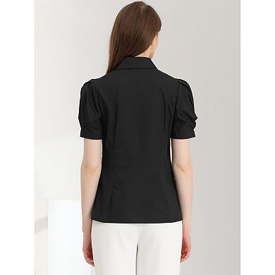 Women's Puffy Sleeve Turn Down Collared Work Office Button Down Shirt