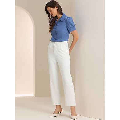 Women's Puffy Sleeve Turn Down Collared Work Office Button Down Shirt