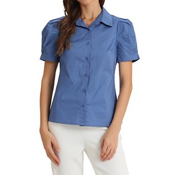 Women's Puffy Sleeve Turn Down Collared Work Office Button Down Shirt