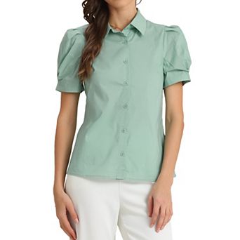 Women's Puffy Sleeve Turn Down Collared Work Office Button Down Shirt