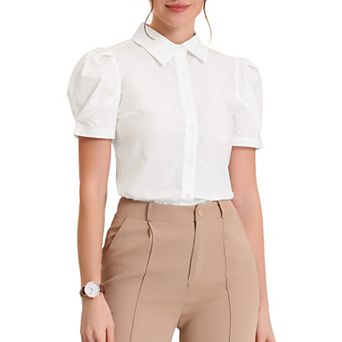 Women's Puffy Sleeve Turn Down Collared Work Office Button Down Shirt