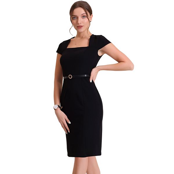 Women's Vintage Cap Sleeve Belted Square Neck Sheath Dress