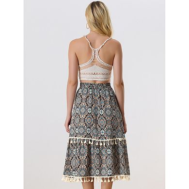 Women's Vintage Printed Elastic Waist Tiered Tassel Fringe Skirt