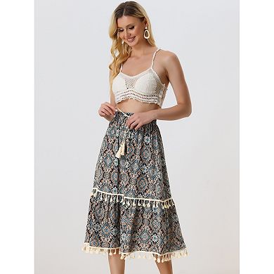 Women's Vintage Printed Elastic Waist Tiered Tassel Fringe Skirt