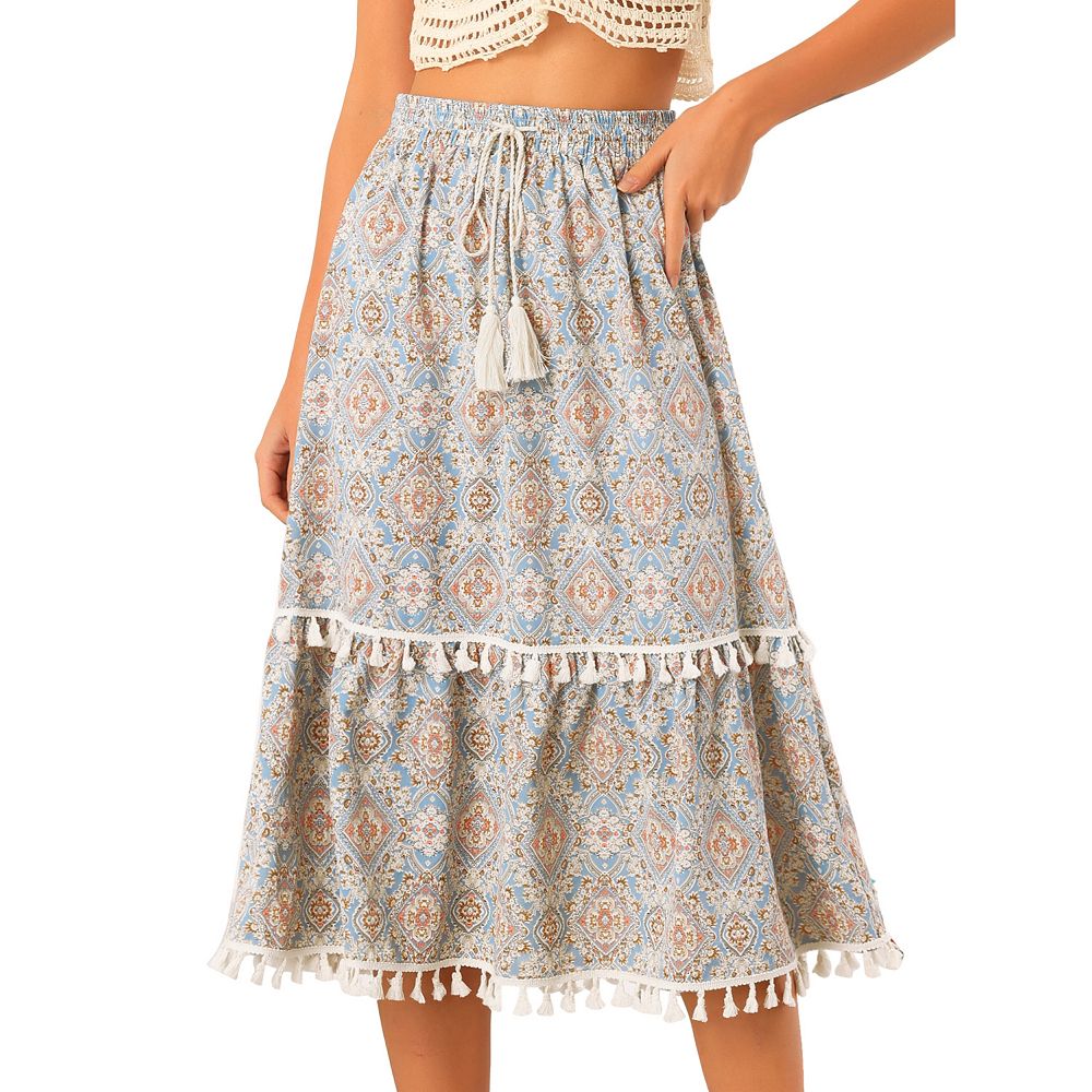 Printed Elastic Waist Band Long Skirt with Tassels in Mint Combo
