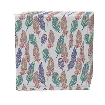Napkin Set of 4, 100% Cotton, 20x20", Doodle Patterned Feathers