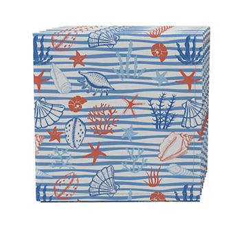 Napkin Set of 4, 100% Cotton, 20x20", Sea Life Drawing in Stripes