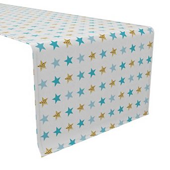 Table Runner, 100% Cotton, 16x72", Golden Blue Stars