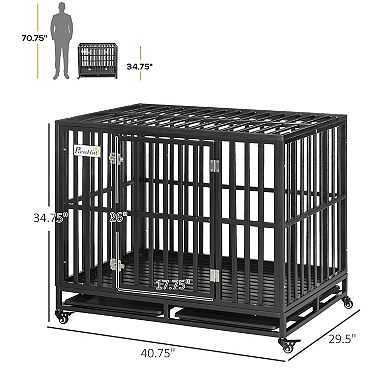 PawHut Heavy Duty Steel Dog Crate Kennel with Wheels and 1 Access Door, Black