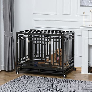 PawHut Heavy Duty Steel Dog Crate Kennel with Wheels and 1 Access Door, Black