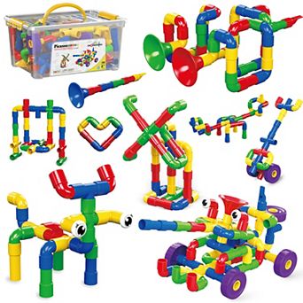 PicassoTiles 136 pc Pipe Tube Wheel, Construction Building Engineering Set, STEM Toy for Kids 3+